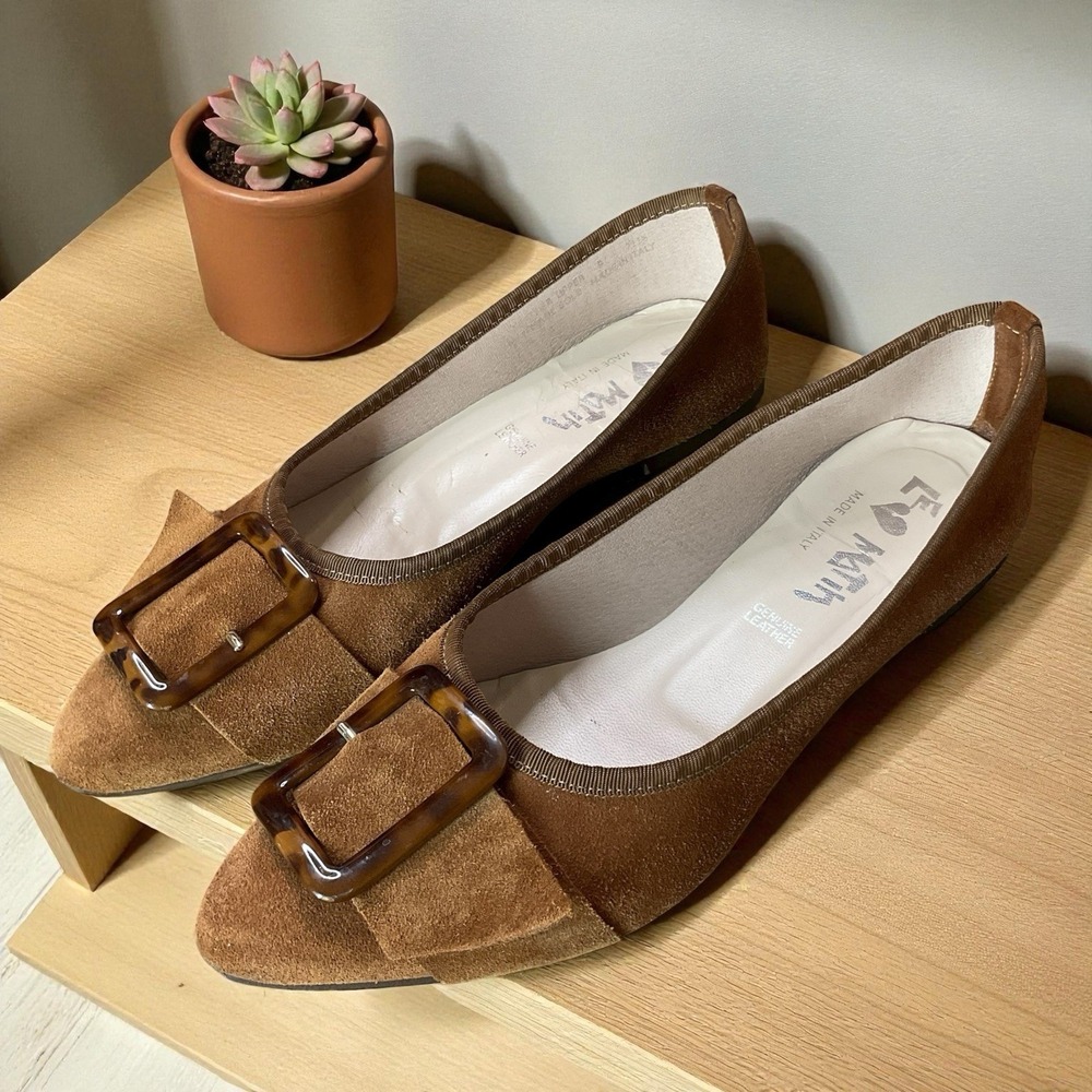 Le Matin Camel Leather Buckle Pointy Toe Ballet Flats Size 9 (40)